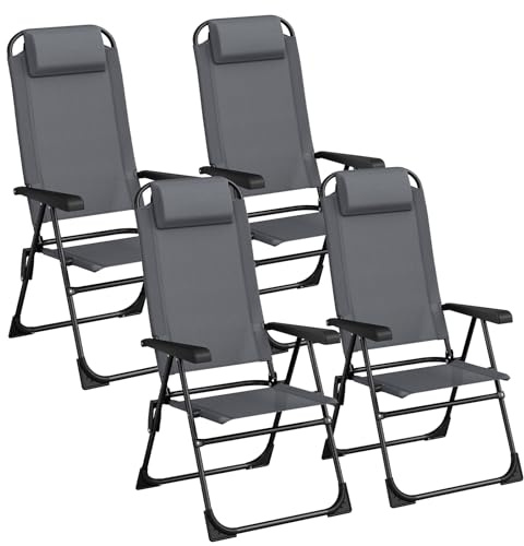 LIFERUN Set med 4 trädgårdsstolar, fällstolar, campingstolar med nackstöd, med 5 justerbara ryggstöd, balkongstolar högt ryggstöd, utomhusstolar för trädgård, terrass, camping, grå, 4 stycken