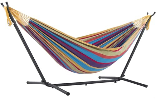 Vivere UHSDO8-20 Double Cotton Hammock with Space-Saving Steel Stand Including Carrying Bag, Tropical