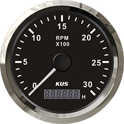 KUS Vattentät varvräknare, varvtalsmätare med timmätare 3 000 RPM 85 mm 12 V/24 V med bakgrundsbelysning (svart)