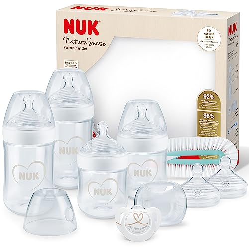 NUK Nature Sense Perfect Start Lot biberons | 0-18 mois | Tétine en silicone imitant le sein | 4 biberons anti-coliques, 1 sucette, 1 goupillon à biberon et plus encore | Sans BPA | Lot de 9 pièces