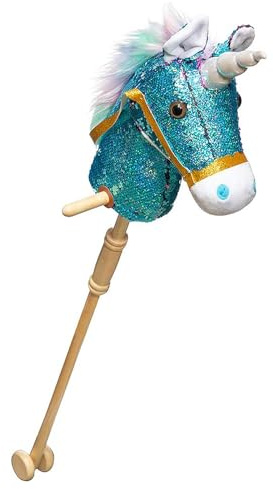 HollyHOME Sequin Unicorn Stick Horse Handcrafted Hobby Horse on a Stick with Wood Wheels Real Pony Neighing and Galloping Sounds Plush Unicorn Toy Blue 36 Inches(AA Batteries Required)