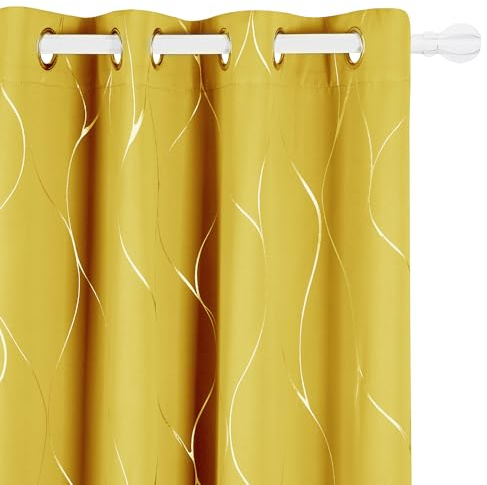 Deconovo Eyelet Room Darkening Curtains, Silver Wave Line Foil Printed Thermal Insulated Curtains for Boys Bedroom, 52 x 54 Inch, Mellow Yellow, 2 Panels