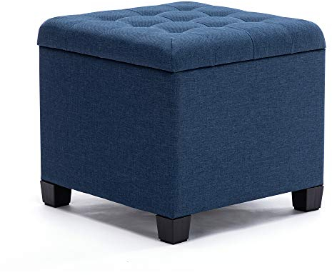 HNNHOME Sitzhocker mit Stauraum, Sitzwürfel mit Deckel, Sitztruhe, Fußbank Truhen Aufbewahrungsbox, Leinen, 44 L, 45 x 45 x 41 cm, Marineblau