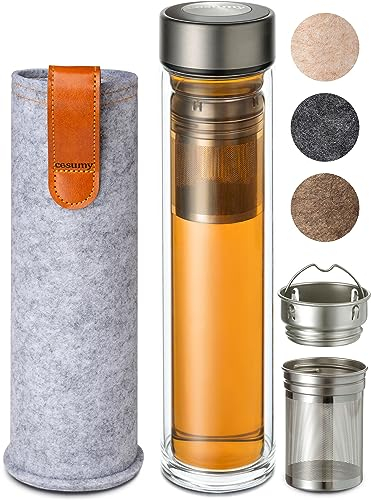 Cosumy Teeflasche mit Sieb to Go 500ml - Doppelwandiges Glas mit Filztasche - Hitzebeständig - Auslaufsicher - Spülmaschinenfest - (Grau)