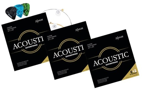 Shaman Corde per Chitarra Western - Set da 3 corde premium in acciaio per chitarra acustica - Set 6+2 corde incluso 3 plettri, corda G e corda E extra alta