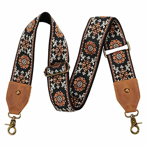 Taschengurt-2breiter Schulterriemen aus Rindsleder, Retro verstellbarer Ersatz, Crossbody-Taschenriemen mit mehreren Mustern für Handtaschen, Crossbody-Taschen, Umhängetaschen (Braune Blume)