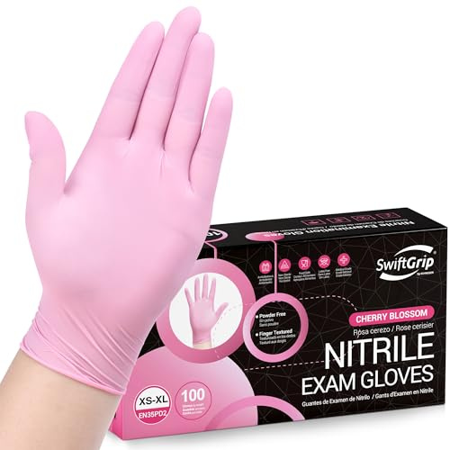 SwiftGrip Pink Nitrile Gloves, 3-mil, Industrial Gloves Disposable Latex Free, for Cleaning & Esthetician, Rubber Powder-Free, 100-ct Box (Medium)