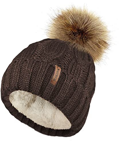 TOSKATOK Mesdames trapu Douce câble Bonnet en Tricot avec Confortable Doublure Polaire Amovible en Fausse Fourrure et Pompon