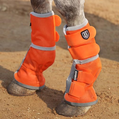 Harrison Howard Lot de 2 guêtres anti-mouches pour cheval - Coupe parfaite - En maille dense - Avec confort ventilé - Protection fiable contre les éléments d'été - Orange vif - Taille XL