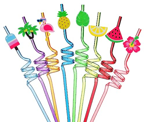 VerteLife 8 Stück Plastik Strohhalme Wiederverwendbare Strohhalm Sommer Hawaii Tropisch Strohhalme Neuheit Lockige Strohhalm Trinkhalme für Kinder Geburtstagsfeier Dekorationen Partybedarf - Hawaii