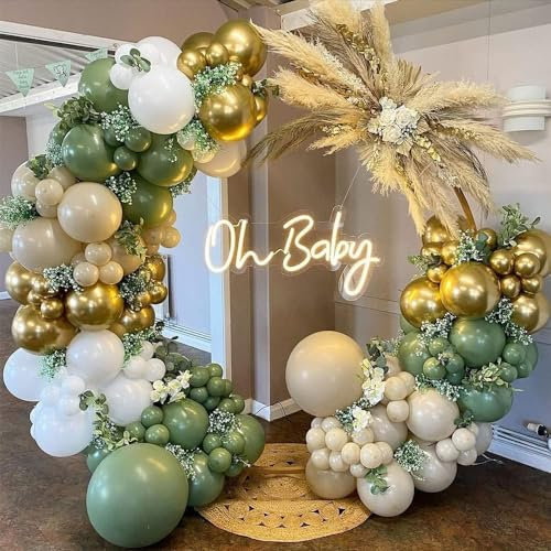 FUNTE Sage Green Balloon Arch Kit 122pcs Green Balloon Arch Kit With Sage White Cream Gold Confetti Balloons Jungle Safari Balloon Arch Kit For Baby Shower Birthday Graduation Decorations