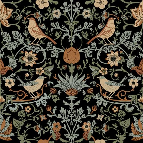 FunStick Vintage Black Floral Wallpaper Antique Leaf Bird Florals Peel and Stick Wallpaper for Bedroom Walls Brown Green Floral Contact Paper for Cabinets Peel and Stick Removable Wall Paper 17.5x118