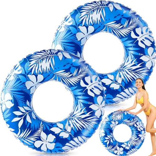 Motionchic 1 Pcs Jumbo Swim Rings 47.24 Inches Inflatable Pool Float Tube Tropical Leaves Swimming Tube Inflatable Pool Ring for Kids Adults Summer Water Beach Party Supplies (Blue)