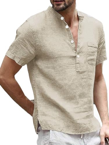 Runcati Camisa de lino para hombre, camisa Henley, camisa de manga corta, camisa de ocio, camisa de verano, camisas de negocios para hombres, caqui, L