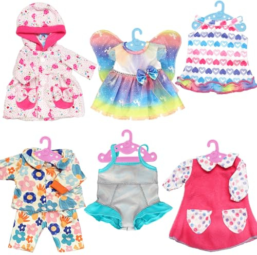 Xerteam 6 Set Baby Doll Clothes, 12-14 Inch Dolls Clothes New Born Baby Dolls Clothes Outfits with Hangers, 30-45cm Sweet Bibi Doll Clothes - Pink Dress Pajamas Swimsuit (Not Include Doll)
