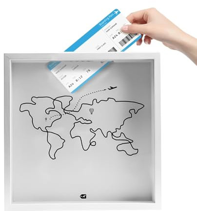 KLEHOPE 3D Scatola Ricordi Viaggio, 29 x 29 cm Scatola di Ombra del Biglietto, Quadrato Scatola dei Ricordi, Mappa del Mondo Adventure Archive Box, per Biglietti, Foto, Cartoline