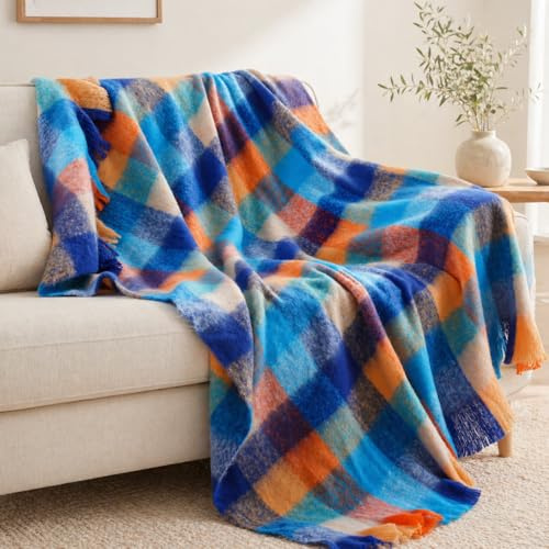 BATTILO Colorful Plaid Throw Blanket for Couch Bed, Fall Blue Plaid Throw Blanket with Vibrant Colors,Super Soft Cozy Cashmere Mohair Tartan Plaid Blanket for Fall Decor Home Decor(50x60)