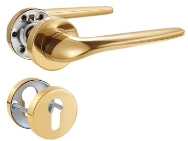 SORWDUERM Poignée de Porte Doré PVD, Garniture de Prothèse en Acier Inoxydable Mat Brossé, Poignée pour Porte d'Entrée et Porte Intérieure, Forme en L, Rosace Ronde, PZ - Cylindre de Profil