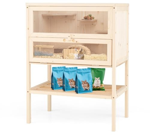 COSTWAY Jaula para Hámster de Madera, Hábitat con Techo Abatible de Malla, Puerta de Acrílico Bloqueable, Estante Inferior, Escaleras y Plataformas, Espacio Amplio para Animales Pequeños, Interior