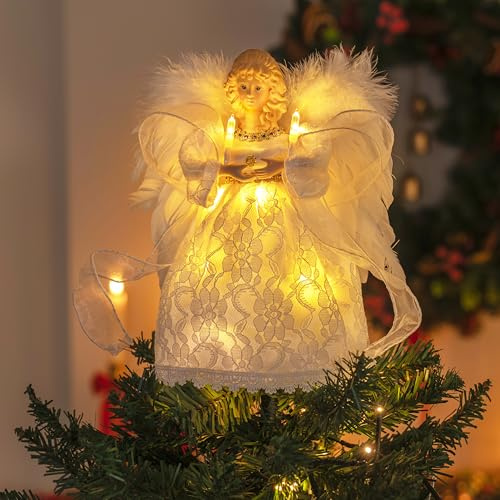 JOYIN 9'' Angel Christmas Tree Topper with Lights, Battery Operated Lightweight White Angel Treetop, Illuminated Ornament for Christmas Tree Decorations, Family, Indoor Home & Xmas Party Decorations