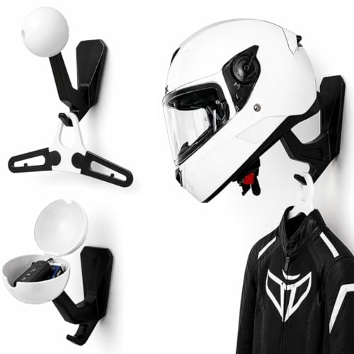 Supporto Casco Moto da Parete 3 in 1 Premium con Gancio Giacca e Porta Oggetti, Porta Casco Universale Salvaspazio, Appendi Casco Moto per Garage Casa Ufficio Design Moderno