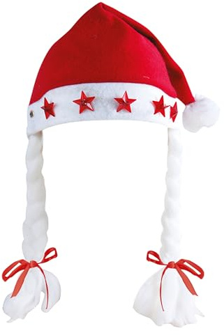 P'TIT CLOWN - Bonnet de Noël Lumineux - Adulte, Unisexe - Parfait pour Compléter Déguisement Fin d'Année - Piles Incluses (Feutrine avec tresses, Rouge)