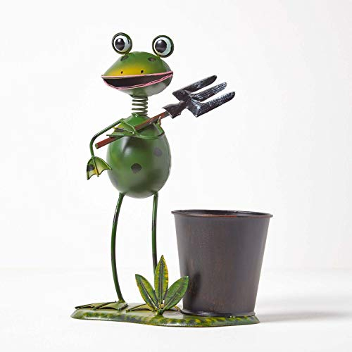 HOMESCAPES Décoration de Jardin Figurine en métal Grenouille avec Fourche et Pot à Fleurs, pour intérieur et extérieur, Hauteur 28 cm