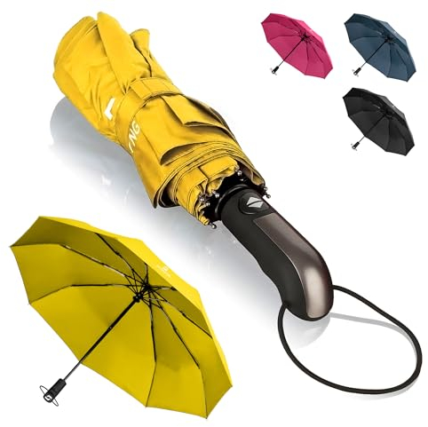 STYNGARD Regenschirm sturmfest bis 140 km/h - Taschenschirm mit Auf-zu-Automatik und zertifizierter Teflon-Beschichtung gegen Feuchtigkeitsschäden - langer Griff - Modell TRONDHEIM (Gelb)