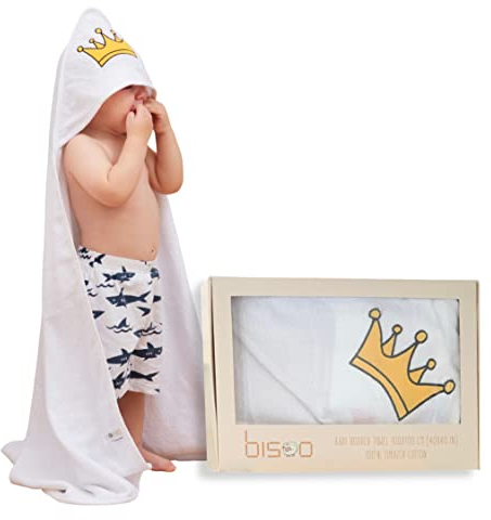 bisoo XL Kapuzenhandtuch Baby - Baby Handtuch mit Kapuze 100x100 cm - Großes Baby Badetuch für Neugeborene - Kaputzenhandtücher mit Stickerei von Krone - 100% Baumwolle Oeko-Tex Zertifikat (Weiß)