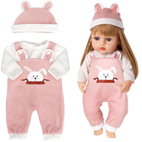 Puppenkleidung, Puppenzubehör für Puppen 35-40 cm, Kleidung Outfits für Puppen mit Hut Langarm Hose, Puppenkleider Rosa Kaninchen Ostern Geschenke für Mädchen Jungen