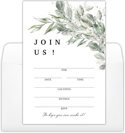 YUEXLL Set of 25 Eucalyptus Greenery Invitations with 25 White Envelopes, Join Us Fill-in Invites Cards Fit All Occasion for Birthday, Engagement, Wedding, Bridal Shower, Anniversary Party - 07