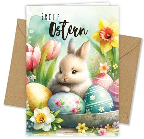 møij 12x Hochwertige Osterkarten inklusive Briefumschlägen aus Kraftpapier - aufklappbar und farbenfrohes Design - Frohe Ostern