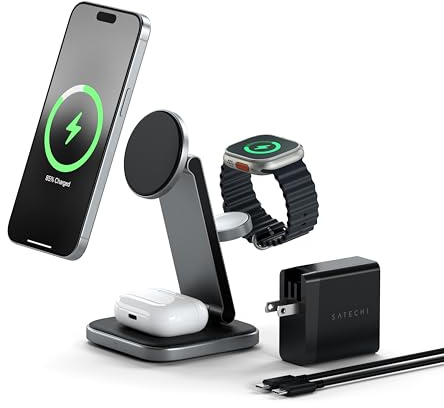 SATECHI 3-i-1 trådlös laddare, vikbar magnetisk laddningsstation, 15 W Qi2-certifierad för iPhone 16 till 12-serien, Apple Watch Series 10–7/SE/Ultra/Ultra 2 och AirPods Pro, 4 (ANC)/3/2 | Vikbar resedesign, passar iPhone 12-17, AirPods Pro, Apple Watch