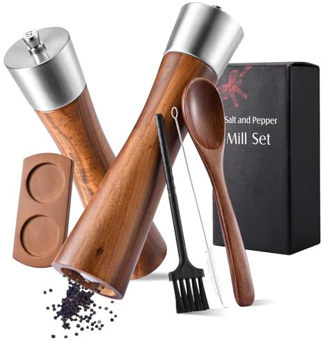 2 Piezas Molinillo Pimienta Manual de Madera, Pimentero Molinillo Especias con Núcleo Ceramica, Molinillo de Pimienta con Base Madera Maciza, Salero y Pimentero para Sal Marina Chiles Sésamo