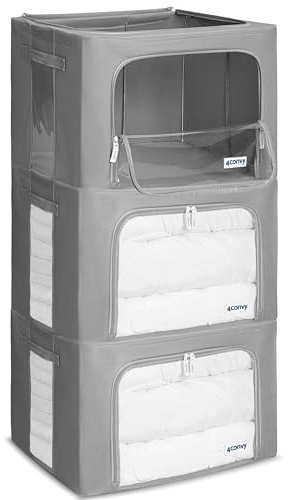 4CONVY Kleideraufbewahrung Kleiderschrank Box mit Reißverschluss Metallrahmen - große faltbare stapelbare Aufbewahrungsbox -3x66L Aufbewahrungstaschen - Kleiderbox für Bettdecke Kleidung Aufbewahrung