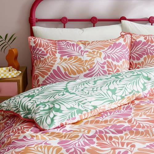 Appletree - Pink Tropical Leaf Duvet Cover - King Bedding Size (230 x 220cm) - 100% Cotton - Reversible 2 Colours - 2 Pillowcases - Green Jungle Duvet Set - Tropical Palm Leaves Bedding in Pink