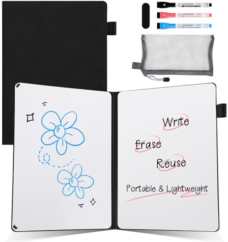 AGM A5 Mini whiteboard, bärbar skrivbräda med 3 färgade pennor och radergummi, för kontor, studier, klassrum och hemmabruk – svart