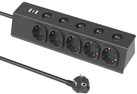 KS Mehrfachsteckdose mit USB, 5-Fach Steckdosenleiste Einzeln Schaltbar, Tischsteckdose Edelstahlfrontplat Ecksteckdose für Küche, 5 Steckdosen mit Einzelschaltern 2M Kabel