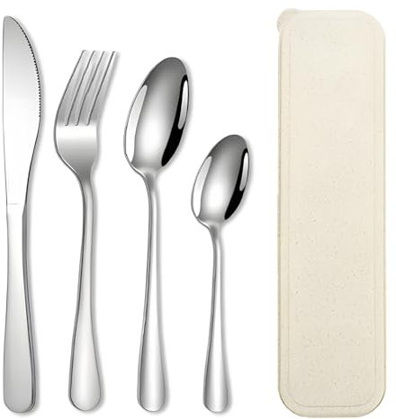 Pack of 4 Travel Cutlery Set with Case, Portable Stainless Steel Knife Fork Spoon Set for Camping, Travel, Picnic, Office & School