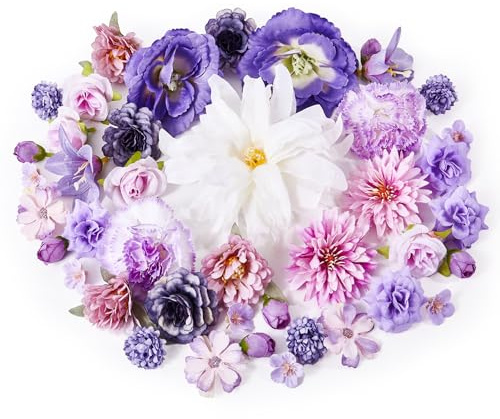 Prelisee 42 Pièces Fleurs Artificielles Deco Violet Fausse Fleur en Tissu 13 Espèces 2-13cm Petite Tête de Fleur Artificielle pour DIY Bricolage Scrapbooking Decoration Gateau Mariage Table Fête