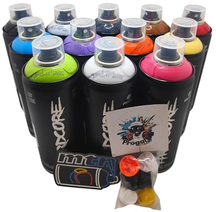 MTN Hardcore Pintura en Aerosol, 12 Colores Surtidos, 400 Mililitros, para Graffiti y Arte Urbano, con 6 boquillas de repuesto + 1sticker MTN