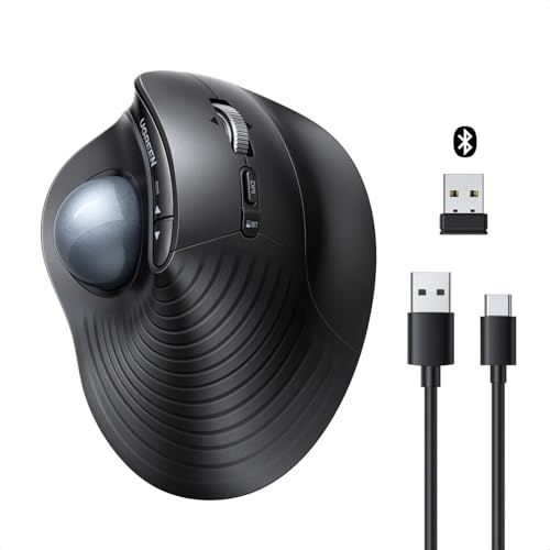 UGREEN Trådlös Trackball-mus, Uppladdningsbar Ergonomisk Bluetooth-mus med Fingerkontroll, Ultrasnabb Scrollning, 2.4G & Dubbel Bluetooth
