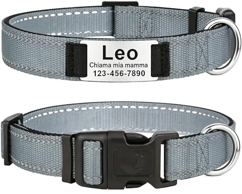 MENKËLL - Collare personalizzato per cani, gatti regolabile e riflettente, in nylon resistente, con incisione laser targhetta in metallo, nome, indirizzo, varie misure (GRIGIO, S: 33-43cm)