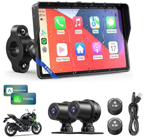 Pantalla Motorcycle CarPlay con Android Auto–5” GPS Impermeable, para Moto, Apple CarPlay, Sistema de Navegación Motocicleta,Cámara de Salpicadero Dual 2K Audio Bluetooth y TPMS (Sin Tarjeta SD)