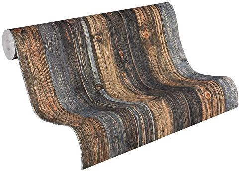 A.S. Création Papier Peint Bois Elements Papier peint intissé 10.05 m x 0.53 m Brun Gris Beige Fabriqué en Allemagne 908612 9086-12