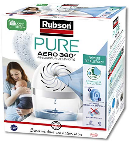 Rubson AERO 360° Pure Absorbeur d'humidité, assainisseur d’air recommandé par l'AFPRAL*, déshumidificateur d’air pour pièces de 20 m², inclus 1 recharge neutre de 450 g
