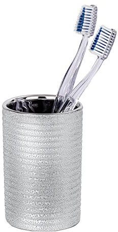 WENKO Zahnputzbecher Polaris Juwel Silber Keramik - Zahnbürstenhalter für Zahnbürste und Zahnpasta, Keramik, 7.5 x 11.2 x 7.5 cm, Silber, 11.2 x 7.5 x 7.5 cm