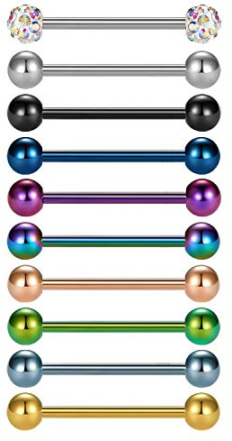 Briana Williams 10pcs 316L Barres de Langue en Acier Inoxydable Anneau de Mamelon Ensemble 14 Gauge 12/14/16/18mm Bijoux
