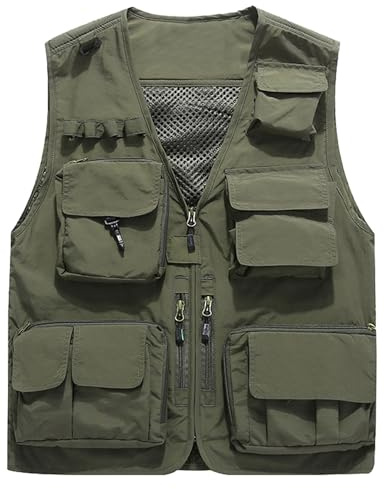 Flygo Men's Casual Lightweight Outdoor Fishing Work Safari Travel Photo Cargo Vest Jacket Multi Pockets(Large, Army Green)