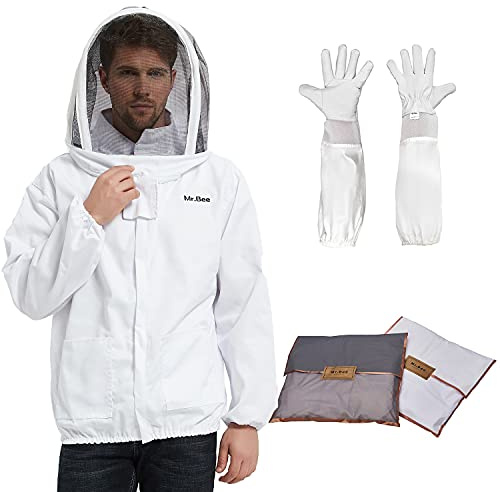 Premium Beekeeping Suit Jacket with Removable Fencing Veil Hood, Beekeeper Goatskin Gloves for Professional Beekeepers (M)
